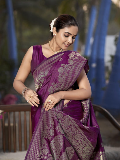 MANOHARI Banarasi Silk Blend Jacquard Work Saree - Purple