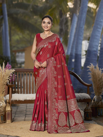 MANOHARI Banarasi Silk Blend Jacquard Work Saree - Red