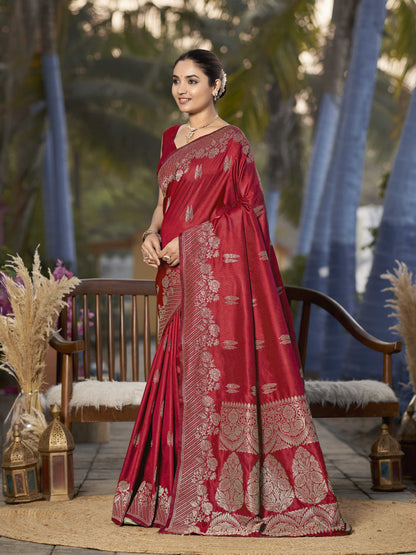 MANOHARI Banarasi Silk Blend Jacquard Work Saree - Red
