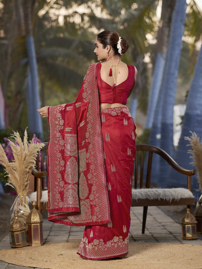 MANOHARI Banarasi Silk Blend Jacquard Work Saree - Red