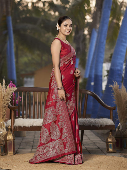 MANOHARI Banarasi Silk Blend Jacquard Work Saree - Red