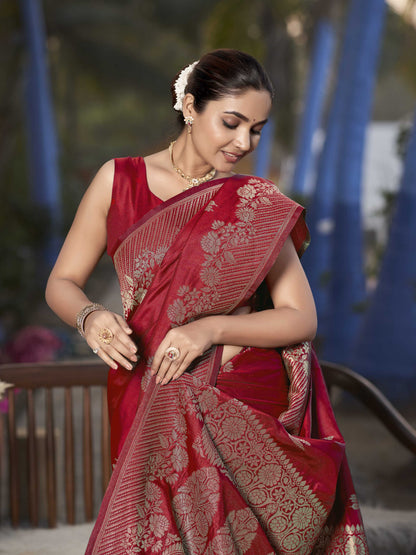 MANOHARI Banarasi Silk Blend Jacquard Work Saree - Red