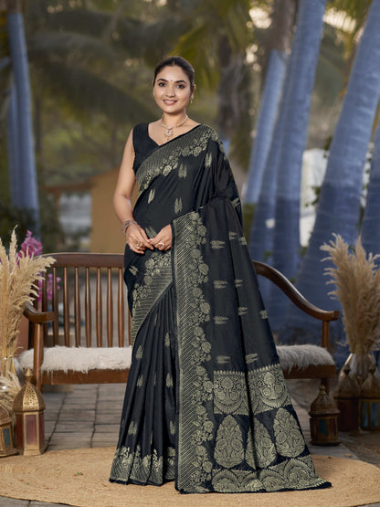 MANOHARI Banarasi Silk Blend Jacquard Work Saree - Black