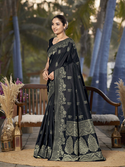 MANOHARI Banarasi Silk Blend Jacquard Work Saree - Black