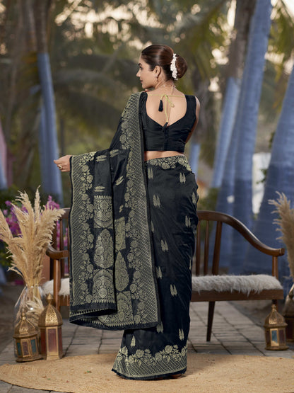 MANOHARI Banarasi Silk Blend Jacquard Work Saree - Black