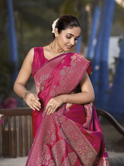 MANOHARI Banarasi Silk Blend Jacquard Work Saree - Pink