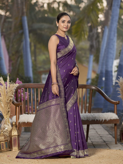 MANOHARI Banarasi Silk Blend Jacquard Work Saree - Purple