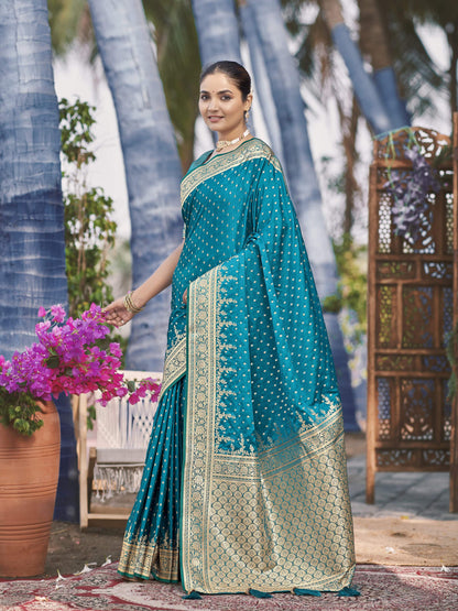MANOHARI Banarasi Silk Blend Jacquard Work Saree - Turquoise