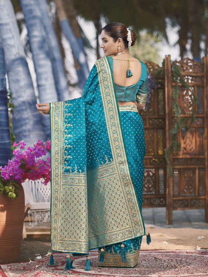 MANOHARI Banarasi Silk Blend Jacquard Work Saree - Turquoise