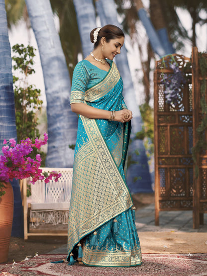 MANOHARI Banarasi Silk Blend Jacquard Work Saree - Turquoise