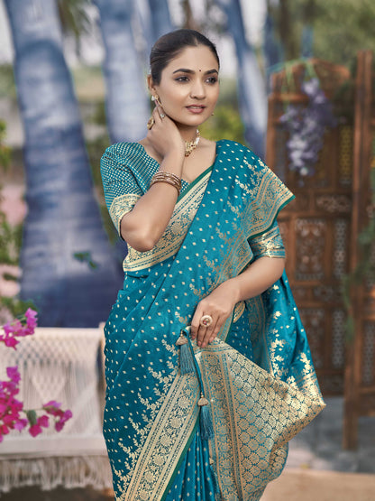 MANOHARI Banarasi Silk Blend Jacquard Work Saree - Turquoise