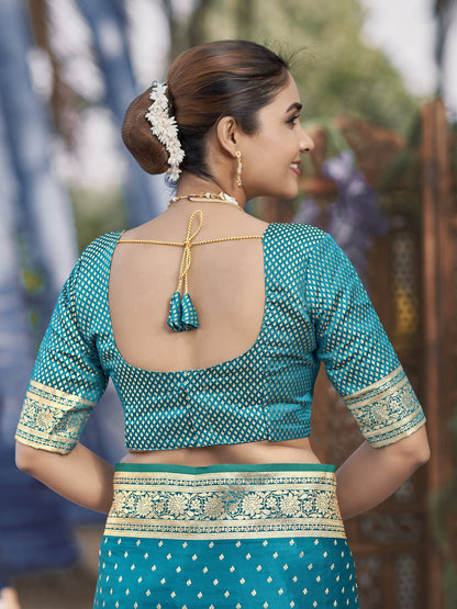 MANOHARI Banarasi Silk Blend Jacquard Work Saree - Turquoise