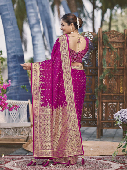 MANOHARI Banarasi Silk Blend Jacquard Work Saree - Pink