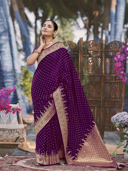 MANOHARI Banarasi Silk Blend Jacquard Work Saree - Purple