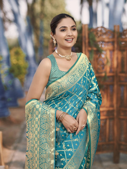 MANOHARI Banarasi Silk Blend Jacquard Work Saree - Turquoise
