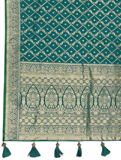 MANOHARI Banarasi Silk Blend Jacquard Work Saree - Green