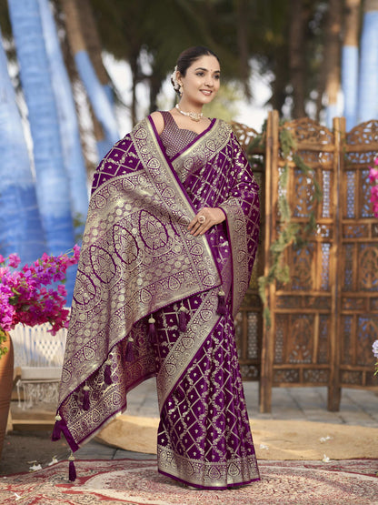 MANOHARI Banarasi Silk Blend Jacquard Work Saree - Purple