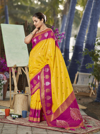 MANOHARI Banarasi Silk Blend Jacquard Work Saree - Yellow