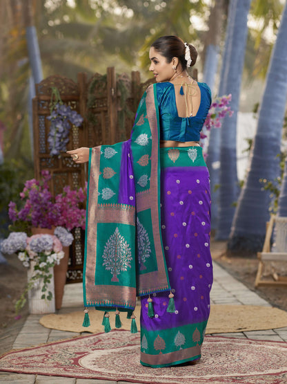 MANOHARI Banarasi Silk Blend Jacquard Work Saree - Purple