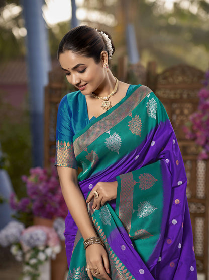 MANOHARI Banarasi Silk Blend Jacquard Work Saree - Purple