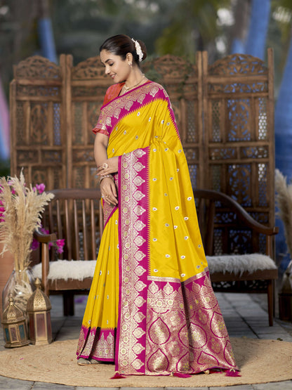 MANOHARI Banarasi Silk Blend Jacquard Work Saree - Yellow