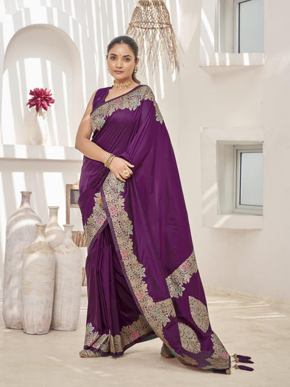 MANOHARI Banarasi Silk Blend Jacquard Work Saree - Purple