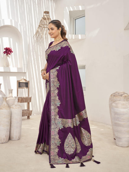 MANOHARI Banarasi Silk Blend Jacquard Work Saree - Purple