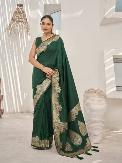 MANOHARI Banarasi Silk Blend Jacquard Work Saree - Green