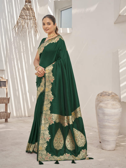 MANOHARI Banarasi Silk Blend Jacquard Work Saree - Green