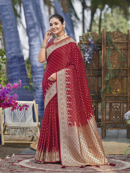 MANOHARI Banarasi Silk Blend Jacquard Work Saree - Red