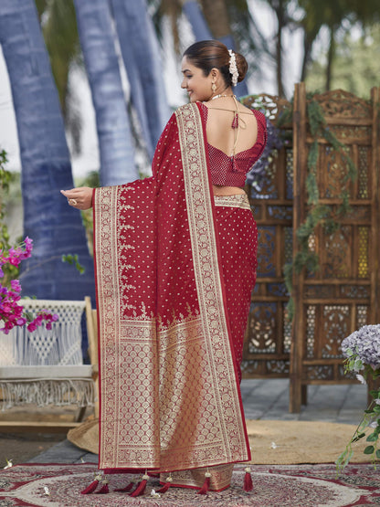 MANOHARI Banarasi Silk Blend Jacquard Work Saree - Red