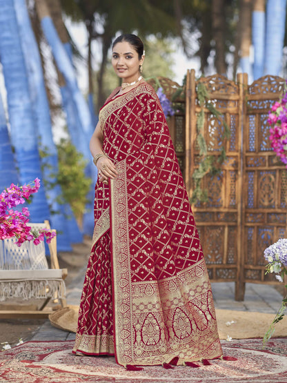 MANOHARI Banarasi Silk Blend Jacquard Work Saree - Red