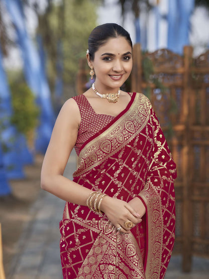 MANOHARI Banarasi Silk Blend Jacquard Work Saree - Red