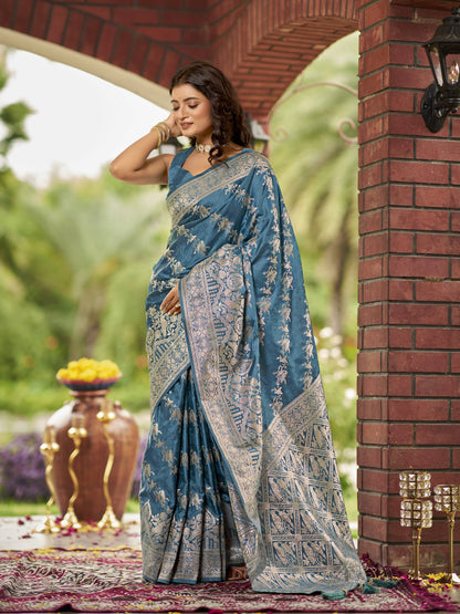 MANOHARI Banarasi Silk Blend Jacquard Work Saree - Blue
