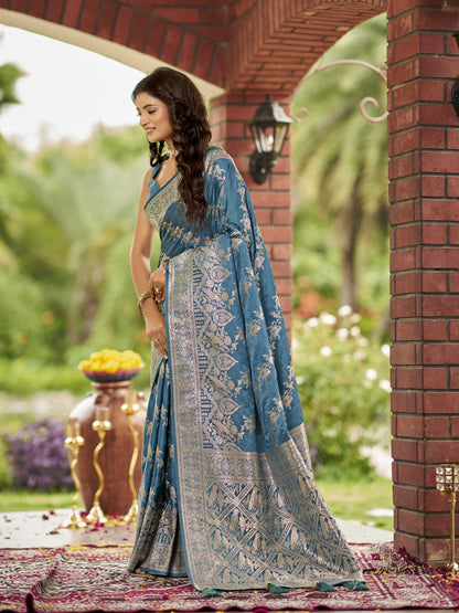 MANOHARI Banarasi Silk Blend Jacquard Work Saree - Blue