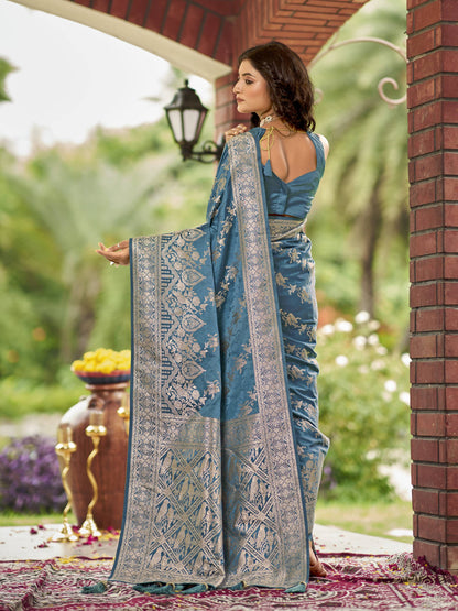 MANOHARI Banarasi Silk Blend Jacquard Work Saree - Blue