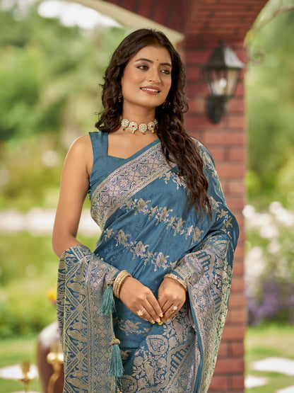 MANOHARI Banarasi Silk Blend Jacquard Work Saree - Blue