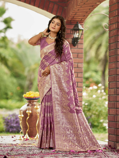 MANOHARI Banarasi Silk Blend Jacquard Work Saree - Pink