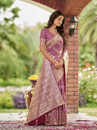 MANOHARI Banarasi Silk Blend Jacquard Work Saree - Pink
