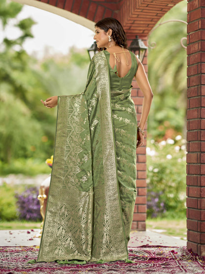 MANOHARI Banarasi Silk Blend Jacquard Work Saree - Green