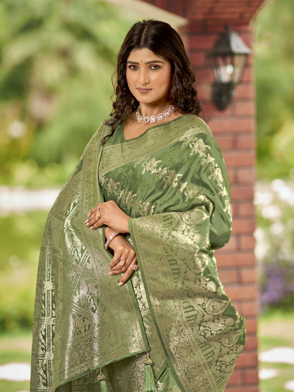MANOHARI Banarasi Silk Blend Jacquard Work Saree - Green