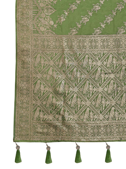 MANOHARI Banarasi Silk Blend Jacquard Work Saree - Green