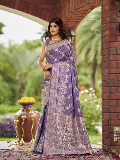 MANOHARI Banarasi Silk Blend Jacquard Work Saree - Purple