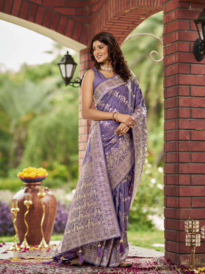MANOHARI Banarasi Silk Blend Jacquard Work Saree - Purple