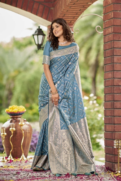 MANOHARI Banarasi Silk Blend Jacquard Work Saree - Blue
