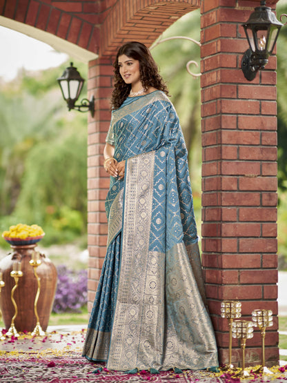 MANOHARI Banarasi Silk Blend Jacquard Work Saree - Blue