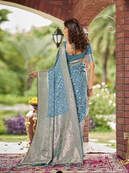 MANOHARI Banarasi Silk Blend Jacquard Work Saree - Blue