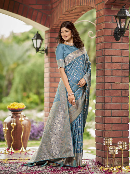 MANOHARI Banarasi Silk Blend Jacquard Work Saree - Blue