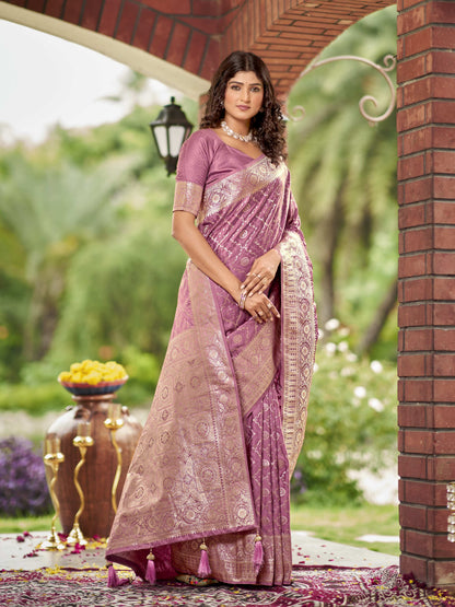MANOHARI Banarasi Silk Blend Jacquard Work Saree - Pink