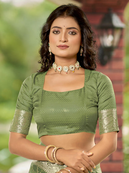MANOHARI Banarasi Silk Blend Jacquard Work Saree - Green